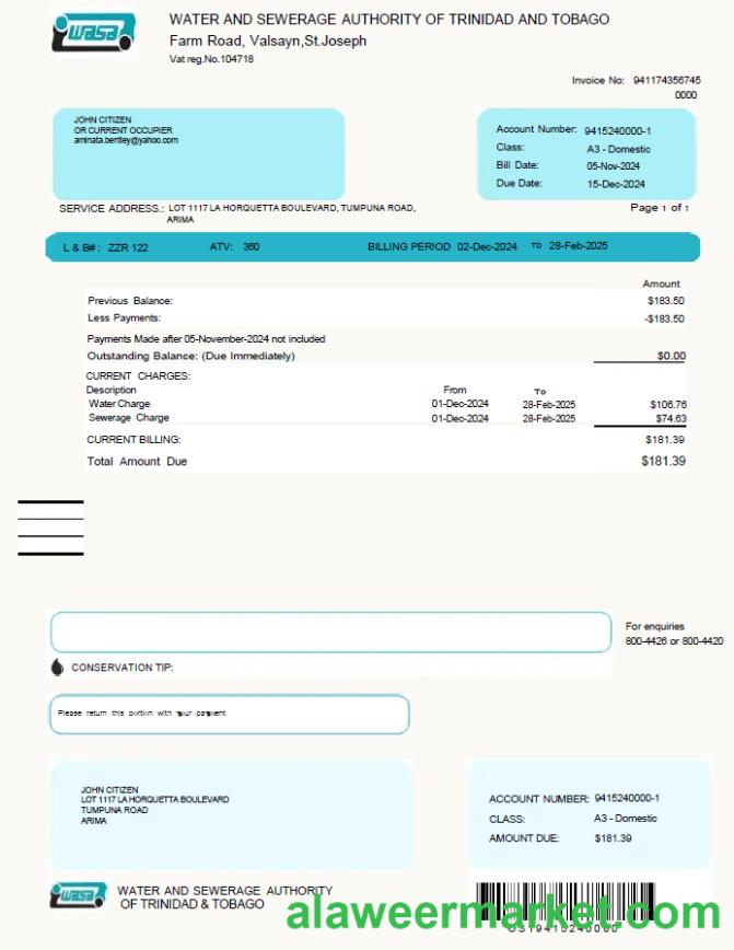 Trinidad and Tobago WASA utility bill template in Word and PDF formats